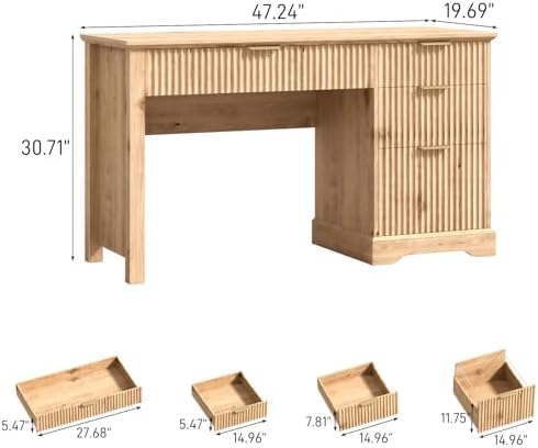Vabches Fluted Executive Desk with Drawers, Wood Computer Desk with Ample File Drawer, Home Office Desk with Storage for Study, Bedroom, Living Room, Oak