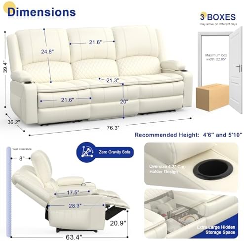 3 Seater Reclining Sofa, Recliner Sofa with Liftable Console (Pu,White)