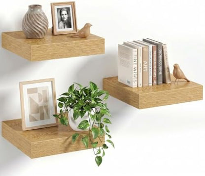 8" Long x 8" Deep Floating Shelves for Wall, Set of 3, 1.5" Thick, Oak