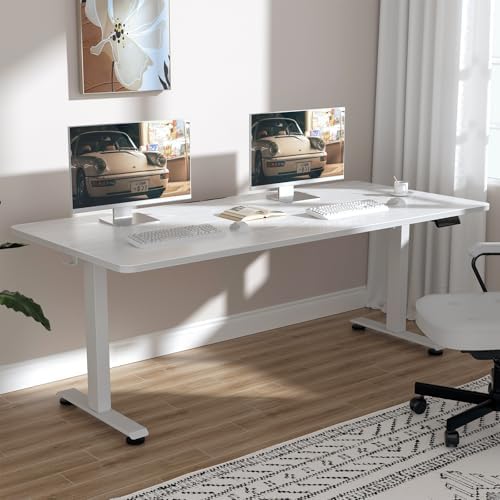 White office desk with computer setup in a room with a plant and rug.