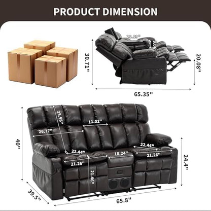 Loveseat Recliner Sofa with Massage & Heat, Flip Backrest, Reclining Home Theater Seating with Console, RV Couch Sofa with Bluetooth Speaker, USB/Outlet/Storage/Cup Holder/Side Pocket, Brown
