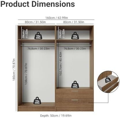 Madesa 4 Doors 2 Drawers Wardrobe Set Armoire Closet Bedroom Storage Cabinet with Shelves and Hanging Space 63" L Wooden Clothing Organizer Unit - Rustic