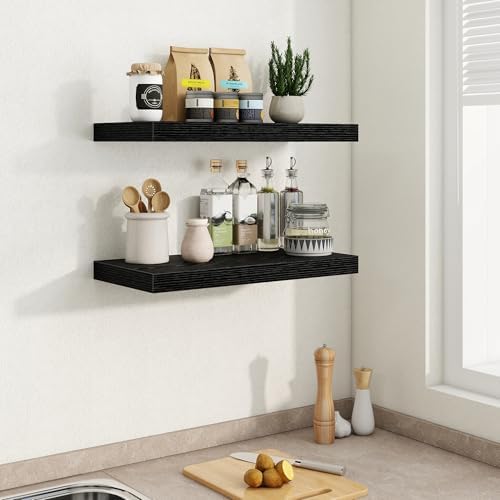 Black Floating Shelves 24 Inch Long, 9.3 Inch Deep Floating Shelf for Lving Room, Bedoom, Kitchen, Deep Wall Shelves for Bathroom, 2 Pack Storage Display Shelf for Books, Decors