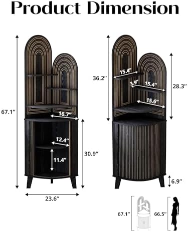 Small Corner Cabinet with Sliding Door and Storage, Tall Corner Bathroom Cabinet for Kitchen, Living Room, Corner Shelf Display Storage Cabinet, Black