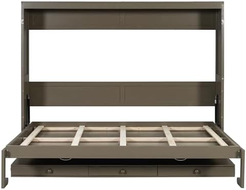 Merax Queen Size Murphy Bed with Desk,Distressed Gray