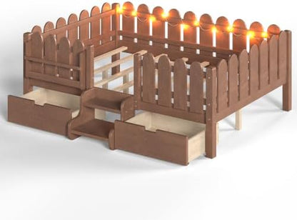 Bellemave Full Size Platform Bed with Storage Drawers & Bookshelf for Boys Girls, Kids Full Bed Frame with LED Lights & Stairs for Children's Room, Deep Natural