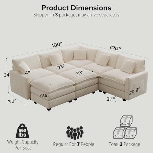 100 Inch Cloud Couch Sectional, Corner Modular Sectional Sofa with Ottoman