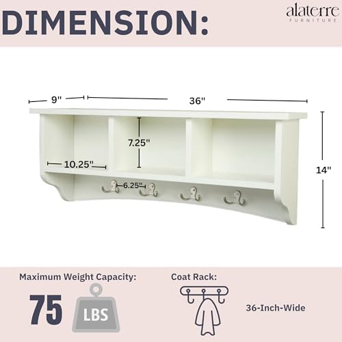 Alaterre Shaker Cottage Wall-Mounted Coat Rack with Cubbies, Ivory, 36”