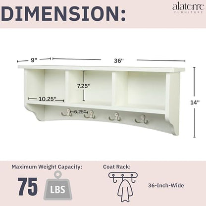 Alaterre Shaker Cottage Wall-Mounted Coat Rack with Cubbies, Ivory, 36”