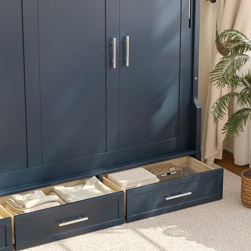Bellemave Full Murphy Bed with Shelf, Cabinet Bed Frame with Side Cabinets, Murphy Cabinet with Drawers, Noisy Free, for Guest Bedroom, Living Room, Blue