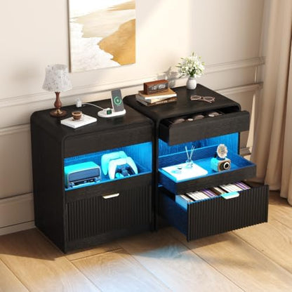 Yusong Modern Fluted Nightstand with Charging Station & Dimmable LED Light, Curved Edge Bedside Table with Pull‑Out Storage Drawers, Wooden End Side Cabinet for Bedroom(Black)