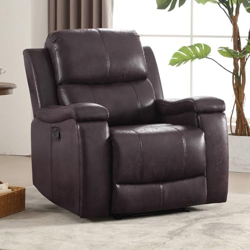 CANMOV Manual Recliner Chair, Classic Faux Leather Recliner Chair with Overstuffed Arms and Back, Manual Single Sofa with Concealed Cup Holders, Dark Brown