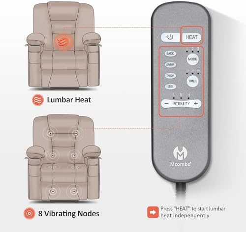 MCombo Oversized Power Lift Recliner Chair Sofa with Massage and Heat for Elderly People Petite, USB Ports, Side Pockets, Fabric R7561 (Grey, Small-Oversize)