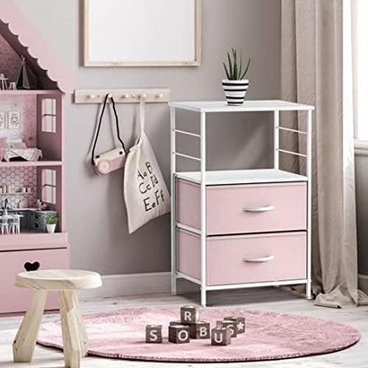 Sorbus 2 Drawer Shelf Storage Nightstand - Kids Bedside Furniture End Table Night Stand with Steel Frame Wood Top & Easy Pull Fabric Bins, Dresser & Chest for Home Bedroom Accessories Office & College