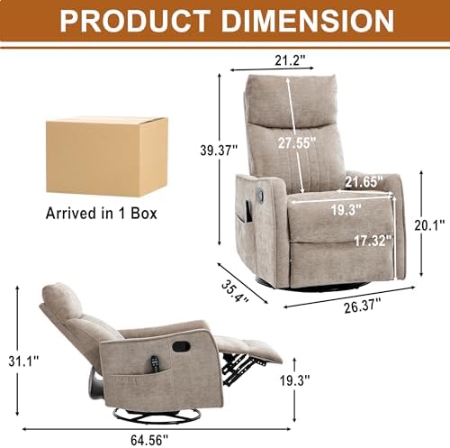 Manual Swivel Rocker Recliner Chair for Adults, Overstuffed Glider Chair for Nursery with Massage and Heat, Living Room Reclining Chair, Fabric Khaqi