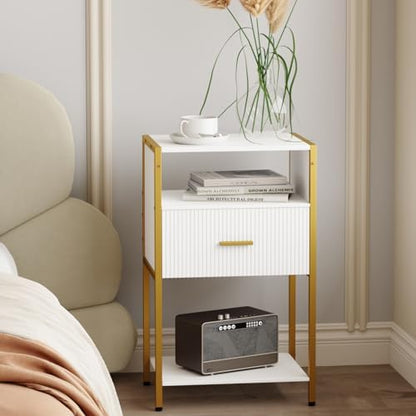Narrow Night Stand Bedside Tables with Storage, Nightstand for Bedroom and Living Room (White and Gold)