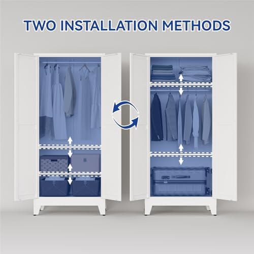 COFaR 71'' Metal Wardrobe Closet, Bedroom Armoire Cabinet with Adjustable Hanging Rod and Shelves, 2 Doors Farmhouse Closet Storage for Garage Laundry, White Roperos para Guardar Ropa