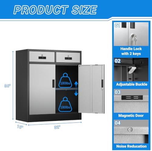 BESFUR Metal Storage Cabinet with Doors and Shelves, 36" H Locking Storage Cabinet with 2 Drawers, Reinforced Heavy Duty Metal Cabinets for Garage, Office, Home(Black and Silver)