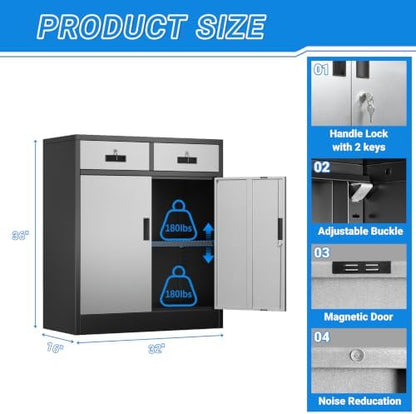 BESFUR Metal Storage Cabinet with Doors and Shelves, 36" H Locking Storage Cabinet with 2 Drawers, Reinforced Heavy Duty Metal Cabinets for Garage, Office, Home(Black and Silver)