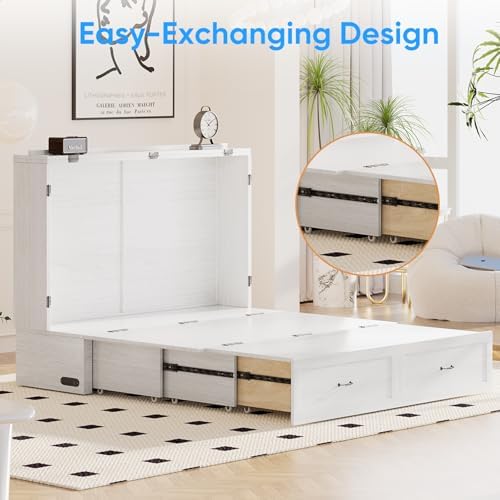 PUREMIND Queen Murphy Bed Cabinet, Bedroom Cabinet Beds with USB Charging Station, Murphy Chest Bed with Storage Drawers, Horizontal Wallbed for Guest Room White