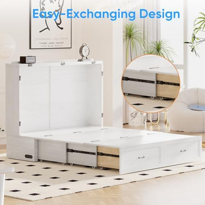 PUREMIND Queen Murphy Bed Cabinet, Bedroom Cabinet Beds with USB Charging Station, Murphy Chest Bed with Storage Drawers, Horizontal Wallbed for Guest Room White