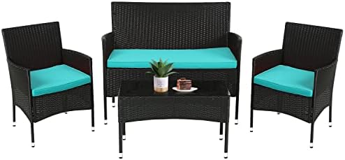 FDW 4-Piece Patio Furniture Set | Black & Blue | Outdoor Wicker Furniture