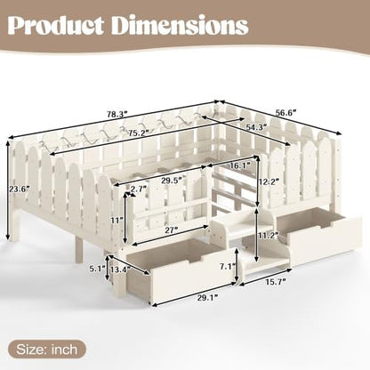 Bellemave Full Size Platform Bed with Storage Drawers & Bookshelf for Boys Girls, Kids Full Bed Frame with LED Lights & Stairs for Children's Room, Beige