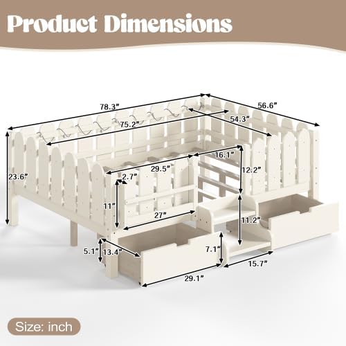 Bellemave Full Size Platform Bed with Storage Drawers & Bookshelf for Boys Girls, Kids Full Bed Frame with LED Lights & Stairs for Children's Room, Beige