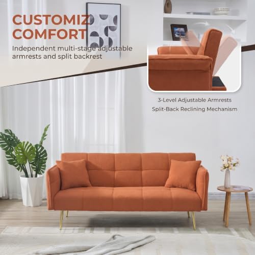 70.1" Convertible Futon Sofa Bed, Teddy Loveseat Couches, Orange