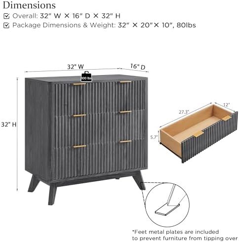 T4TREAM 32" Fluted 3 Drawer Dresser for Bedroom, Dark Alder