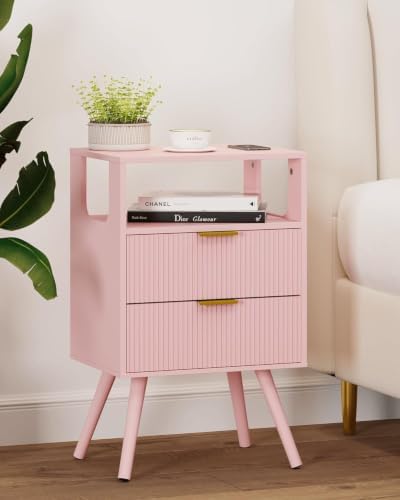 Leomonio Pink Nightstand,Modern Bedside Table with 2 Storage Drawer and Open Wood Shelf, for Bedroom and Small Spaces,Night Stand with Solid Wood Legs