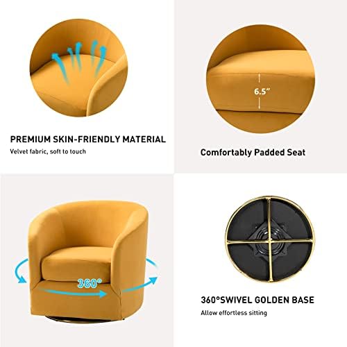 HULALA HOME Swivel Accent Chair with Gold Metal Base, Set of 2 Contemporary Velvet Curved Swivel Barrel Chair, Upholstered Club Armchair, Leisure Single Sofa for Living Room, Nursery, Bedroom(MUSTARD)