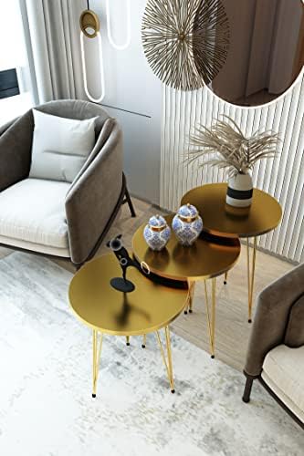 Set of 3 High Gloss Gold Nesting End Tables Round Wood Stacking Coffee Side Accent Table with Metal Legs for Living Room, Home Office, Nightstands for Bedroom