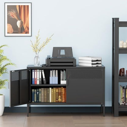 Ustamio Black Wide Metal Locker Storage Cabinet, 2 Door Accent Cabinet for Home and Office, 2 Tier Low Metal Cabinet With Doors and Shelf, Multipurpose TV Stand
