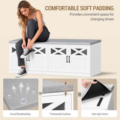 Hzuaneri 47.2" Shoe Storage Bench with 4 Barn Doors & Padded Seat Cushion