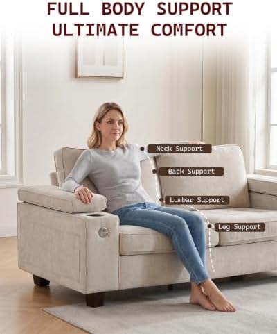 73" Loveseat Sofa, Modern Upholstered Couch for Living Room, Small Space Sofa with Hidden Armrest Storage, USB & Type-C Charging Ports, Adjustable Armrests, Built-in Cup Holders, Beige