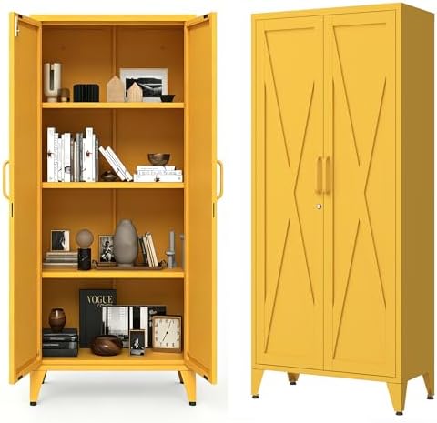 X-Shaped Door Kitchen Pantry Cabinets with Lockable and Adjustable partitions Metal Storage Cabinet 61" H Metal Pantry Cabinetfor Cupboard/Dining Room/Bathroom/Living Room/Office/Laundry Room