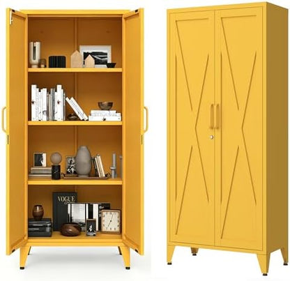 X-Shaped Door Kitchen Pantry Cabinets with Lockable and Adjustable partitions Metal Storage Cabinet 61" H Metal Pantry Cabinetfor Cupboard/Dining Room/Bathroom/Living Room/Office/Laundry Room