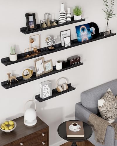 Oak Picture Ledge Shelf, 48 Inch Floating Shelves Set of 2, Solid Oak Wood Wall Shelves with Lip, Wall Decor Storage for Bedroom Living Room Bathroom Kitchen Nursery Photo Picture, Black