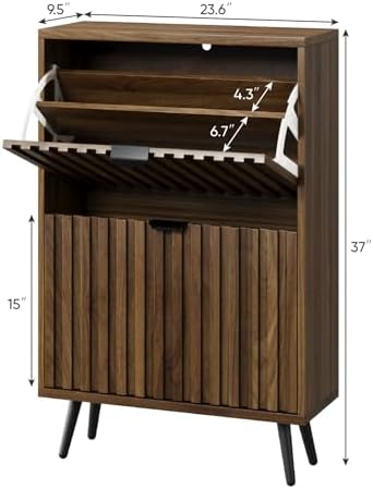 Smuxee Shoe Cabinet with 2 Flip Drawers, 23.6" Walnut Hidden Shoe Storage Cabinet with Fluted Design, Freestanding Shoe Organizer Cabinet for Entryway, Hallway, Closet, Living Room
