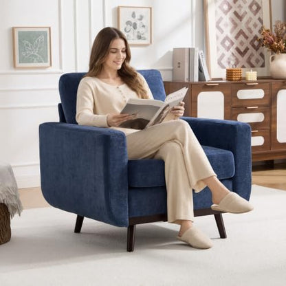 Accent Chair for Bedroom,Reading Chair with Deep Seat,Chenille Armchair with Wood Legs, Comfy Living Room Chairs Single Sofa for Bedroom,Living Room and Apartment(Set of 2,Blue)