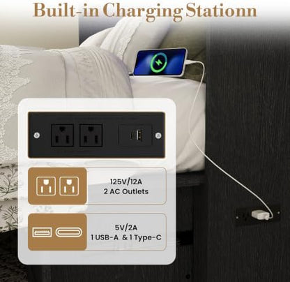 Full Murphy Bed with Hidden Storage, Farmhouse Cabinet Bed with Storage Drawer, RGB LED Lights & Charging Station, Space-Saving Wall Bed with 6 Metal Legs, Black