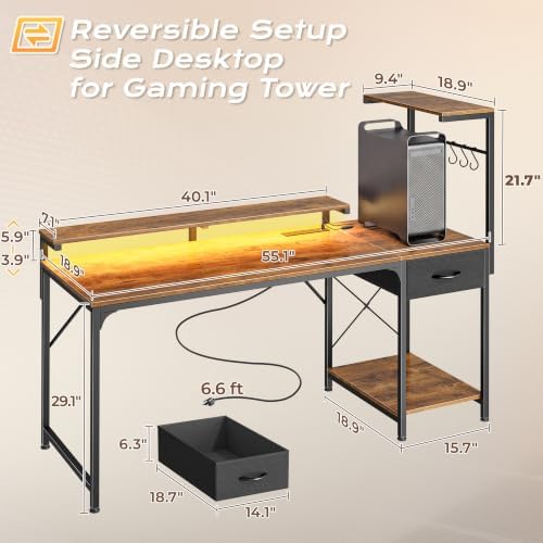 PRAISUN 55.1 Inch Gaming Desk with LED Lights & Power Outlets