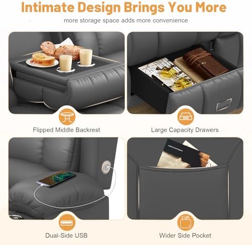 Dresegmt Loveseat Recliner Sofa, Flip Middle Backrest Design PU Leather 3 Seat Reclining Sofa with Storage Drawer, Manual Couch for Living Room/RV (Gray, PU)