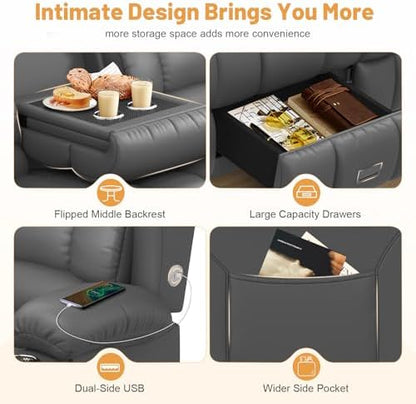 Dresegmt Loveseat Recliner Sofa, Flip Middle Backrest Design PU Leather 3 Seat Reclining Sofa with Storage Drawer, Manual Couch for Living Room/RV (Gray, PU)