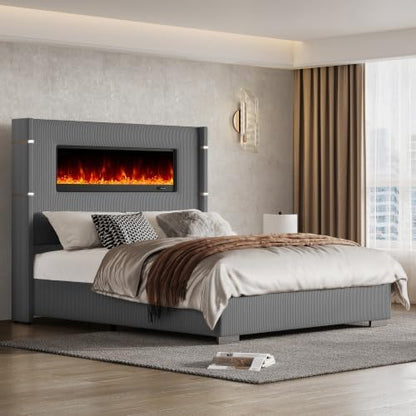 AMERLIFE Queen Bed Frame with Fireplace, Upholstered Headboard, Dark Gray