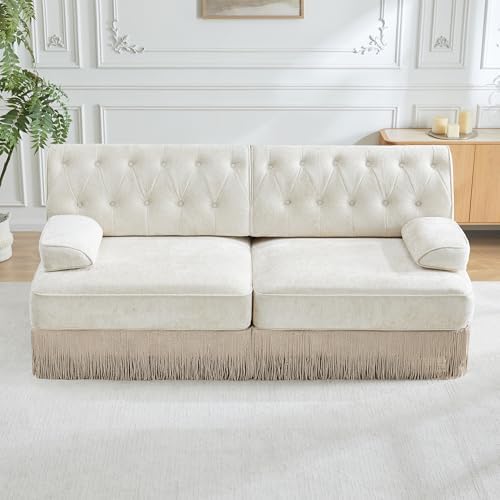 77" Velvet Chesterfield Style Modular Sectional Loveseat Sofa, Upholstered Oversized Button Tufted 2-Seater Couch with Floor-grazing Tassel Fringe Skirt, Easy Assembly, for Living Room, Beige