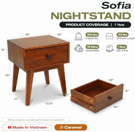 Acacia Sofia Nightstand with Drawer, Bedside Table, Solid Wood Bedside End Table with Drawer and Storage Space for Bedroom, Caramel