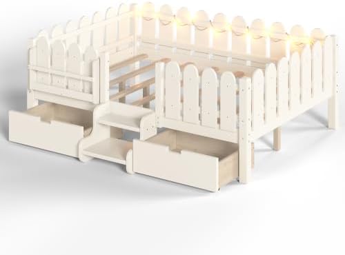 Bellemave Full Size Platform Bed with Storage Drawers & Bookshelf for Boys Girls, Kids Full Bed Frame with LED Lights & Stairs for Children's Room, Beige