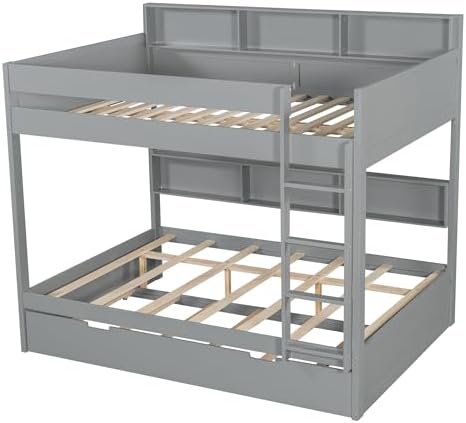 Wood Bunk Bed Full Over Full Size with Built-in Storage Shelves, Versatile Bunk Bed Frame with Ladder and Trundle Bed for Kids Teens Adults, Maximize Space (Gray-2.10)